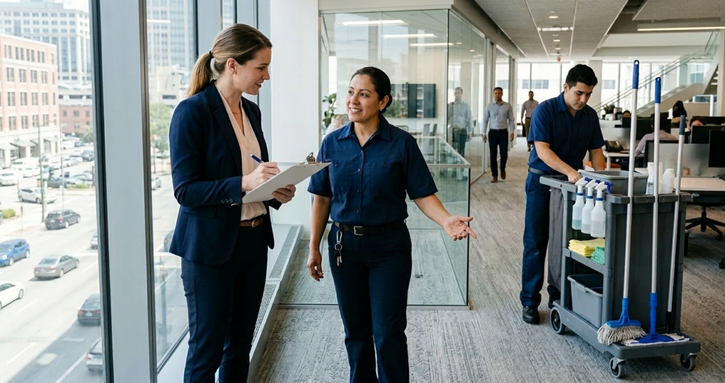 Woman with clipboard talking to commercial cleaning contractor in office.